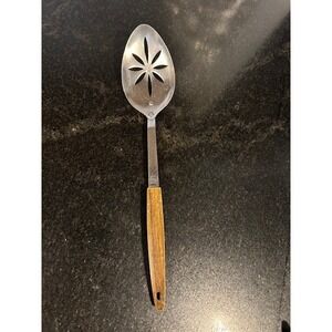 Vintage Stainless Steel Slotted Spoon with Wood Handle Japan
